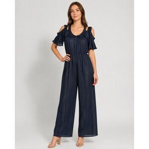 Soft Surroundings Cold Shoulder Jumpsuit Womens Petite Medium Black Gold Culotte
